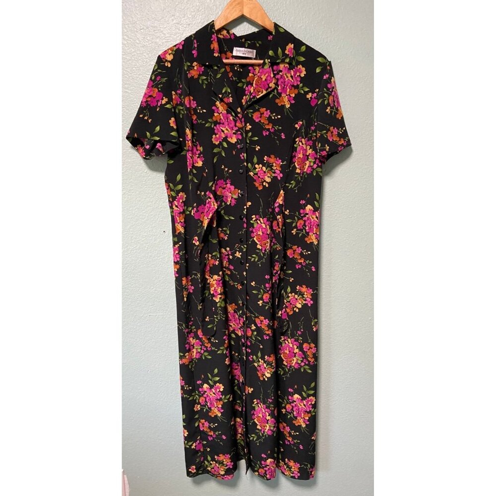 Vintage Miss Dorby Pink Orange Floral Balck‎ Midi Dress with Tie